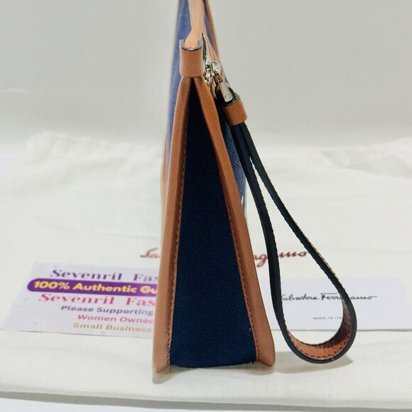 NWT Salvatore Ferragamo Men Navy Canvas Leather Trim Logo Clutch Pouch Bag - Picture 3 of 9